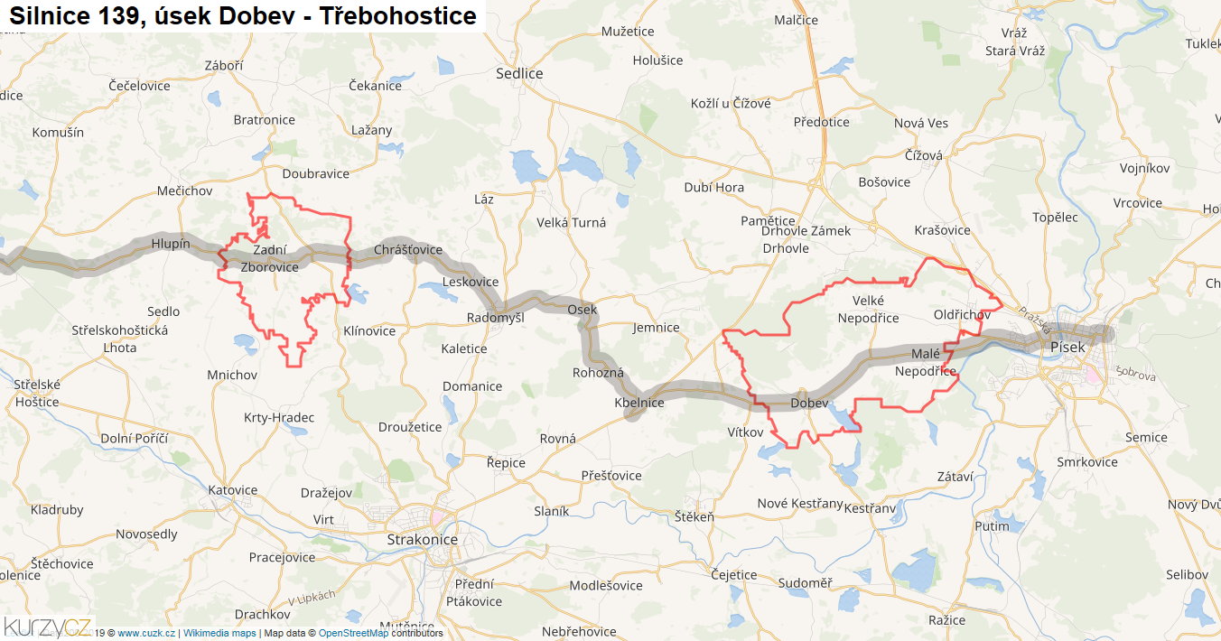 Úsek Dobev - Třebohostice, Silnice 139 - Mapa