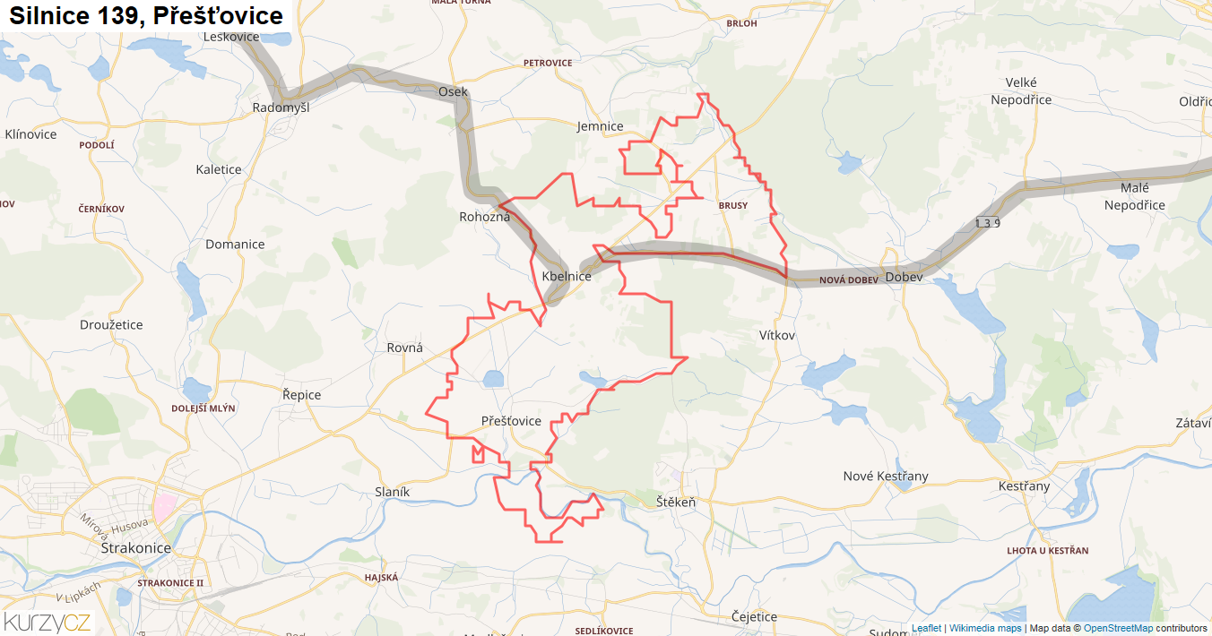 Přešťovice, Silnice 139 - Mapa