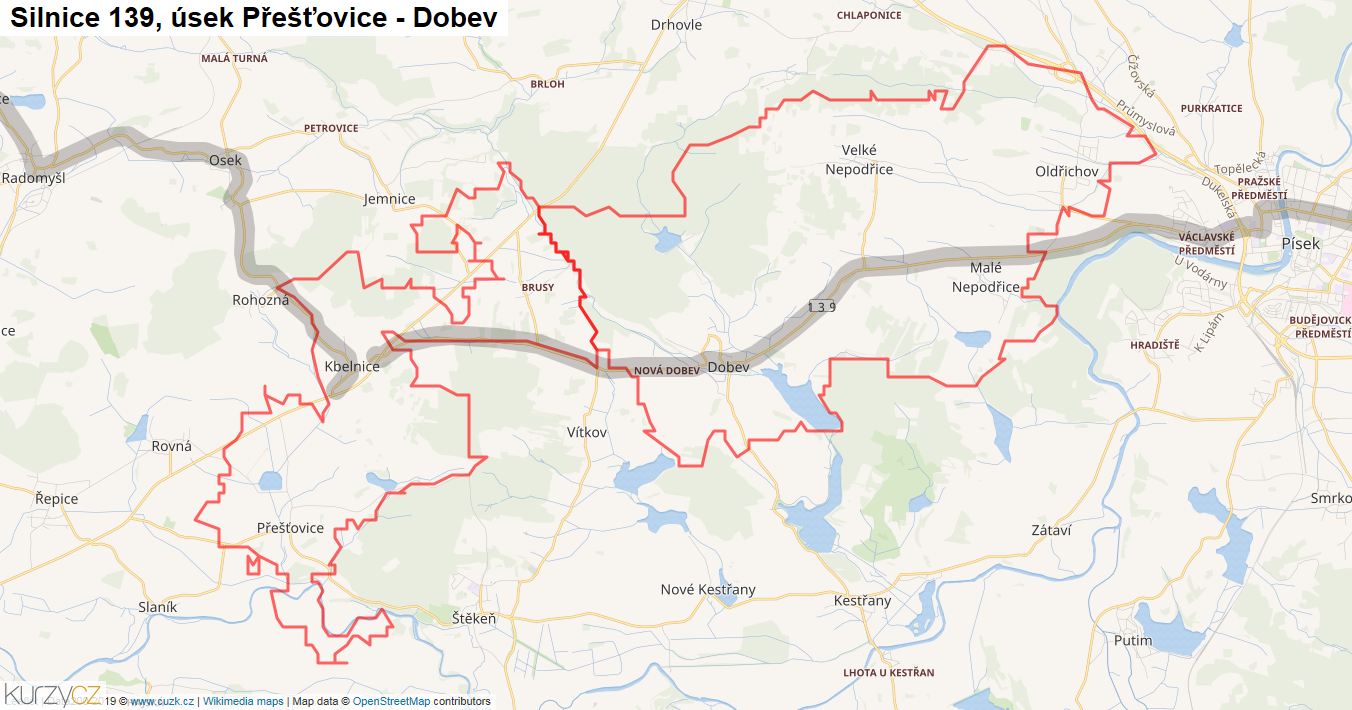 Úsek Přešťovice - Dobev, Silnice 139 - Mapa