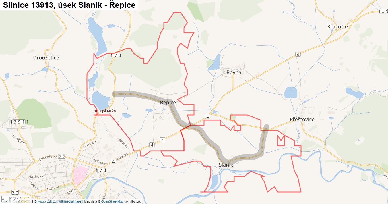 Úsek Slaník - Řepice, Silnice 13913 - Mapa