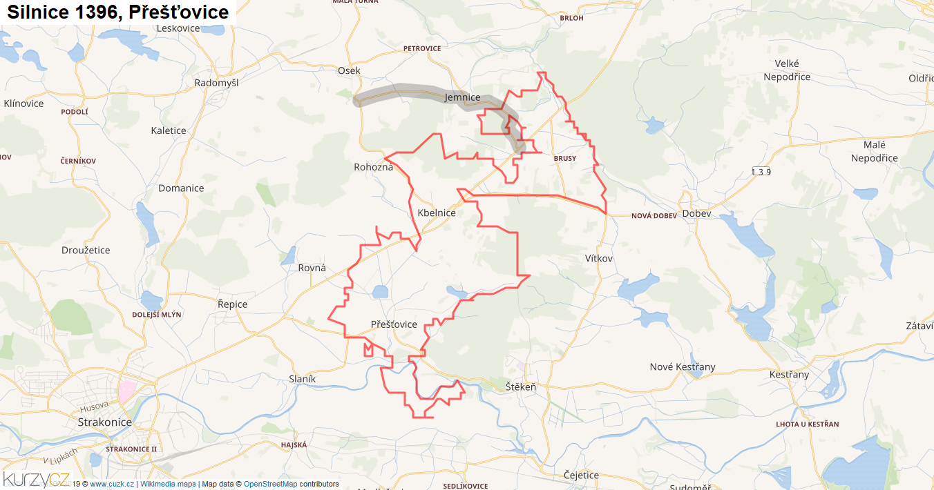 Přešťovice, Silnice 1396 - Mapa