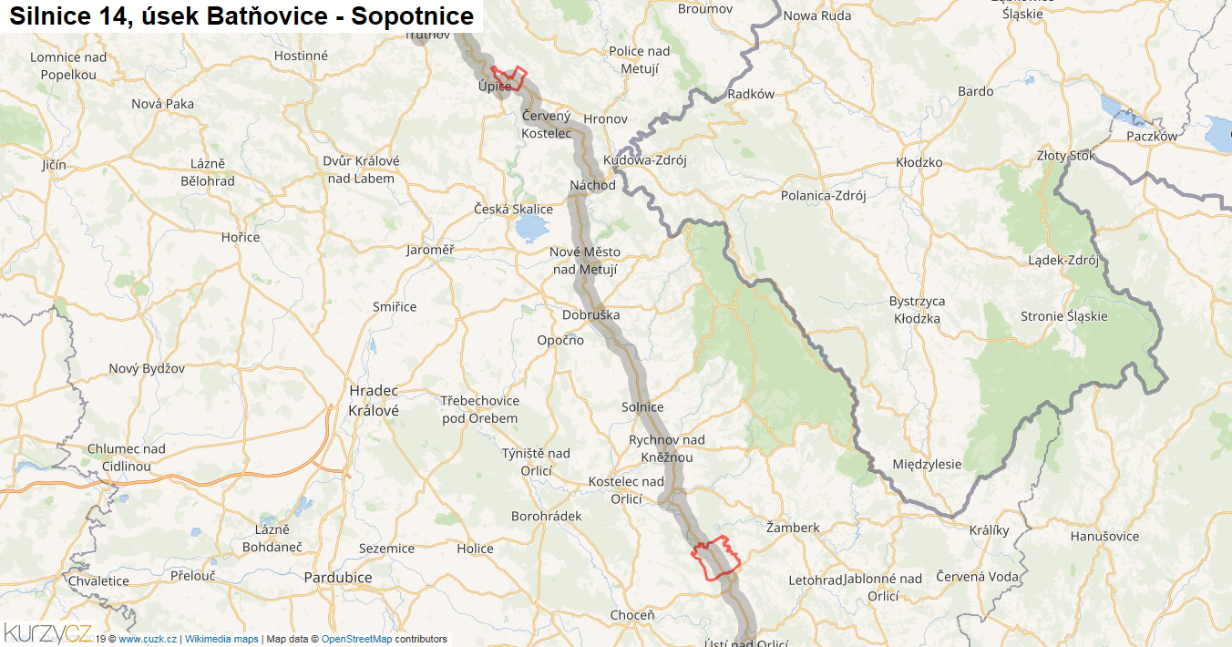 Úsek Batňovice - Sopotnice, Silnice 14 - Mapa
