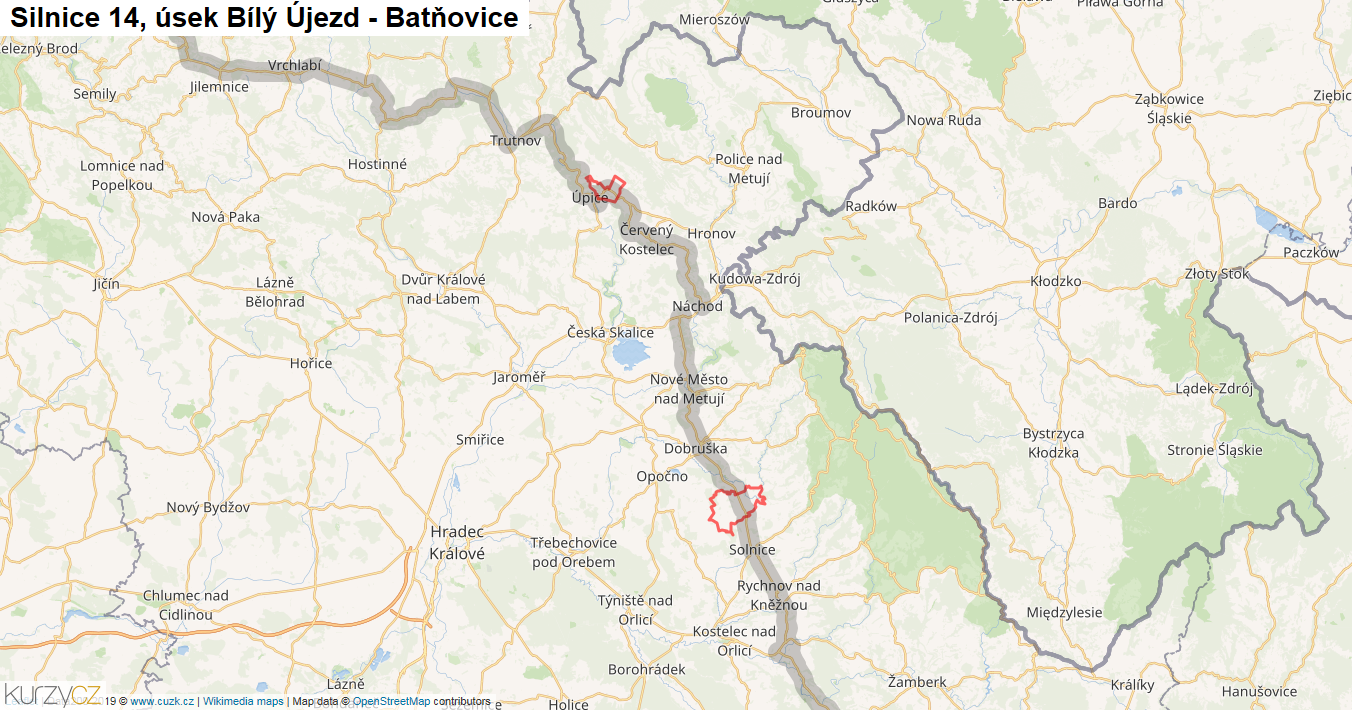Úsek Bílý Újezd - Batňovice, Silnice 14 - Mapa