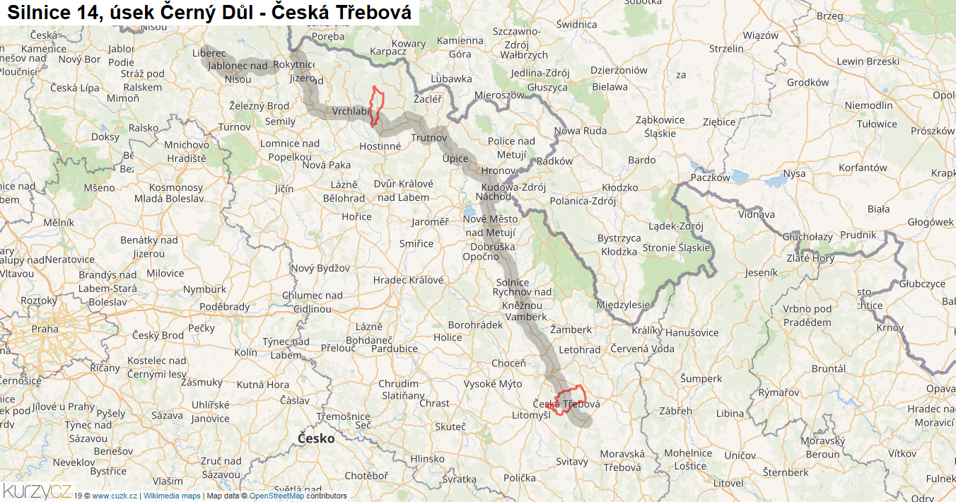 Úsek Černý Důl - Česká Třebová, Silnice 14 - Mapa