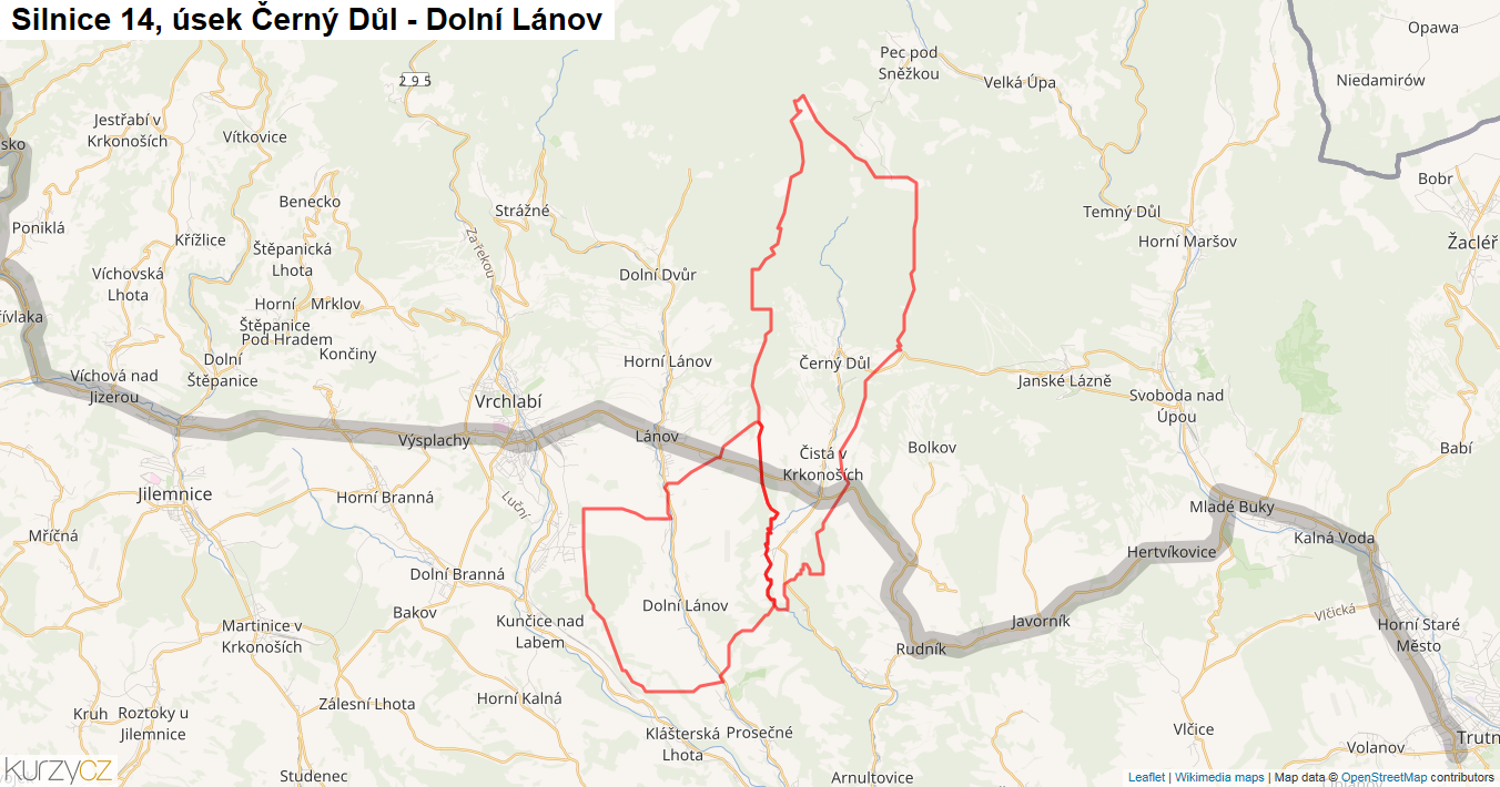 Úsek Černý Důl - Dolní Lánov, Silnice 14 - Mapa