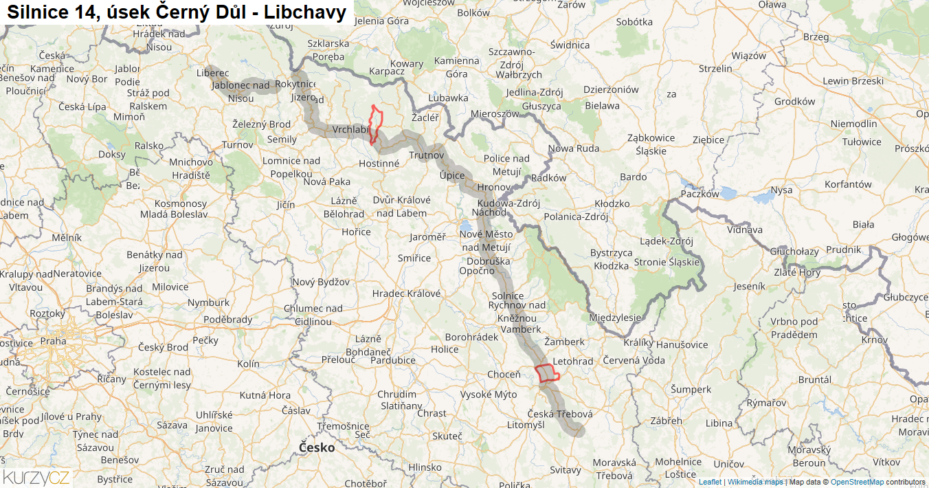 Úsek Černý Důl - Libchavy, Silnice 14 - Mapa