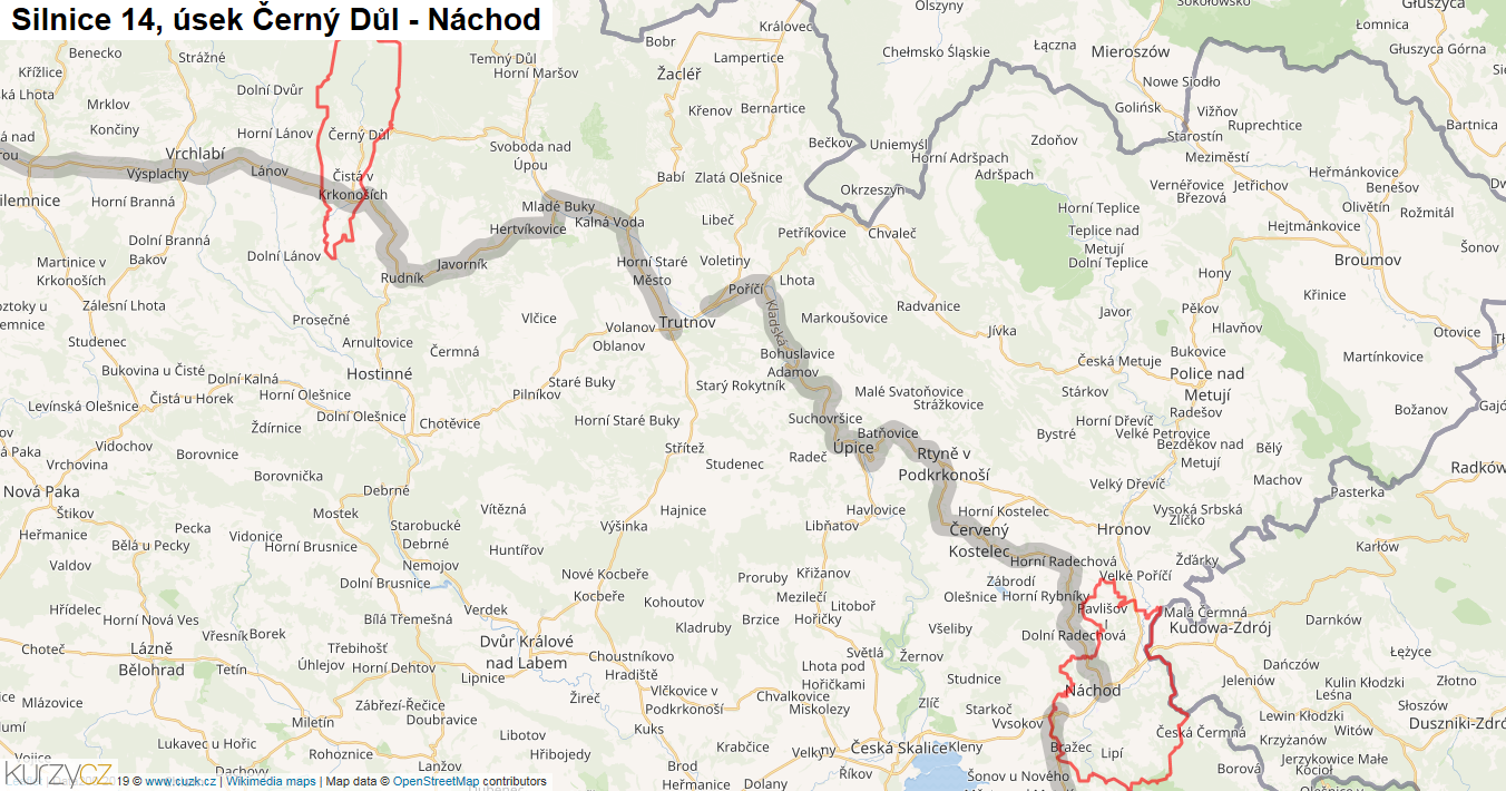 Úsek Černý Důl - Náchod, Silnice 14 - Mapa