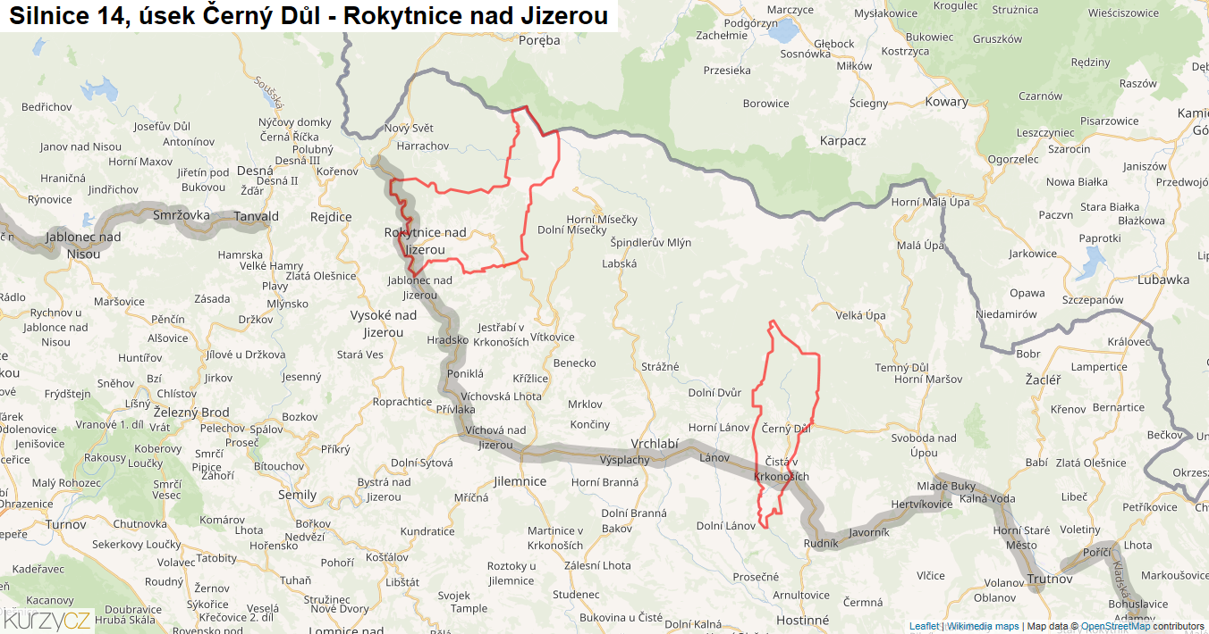Úsek Černý Důl - Rokytnice nad Jizerou, Silnice 14 - Mapa