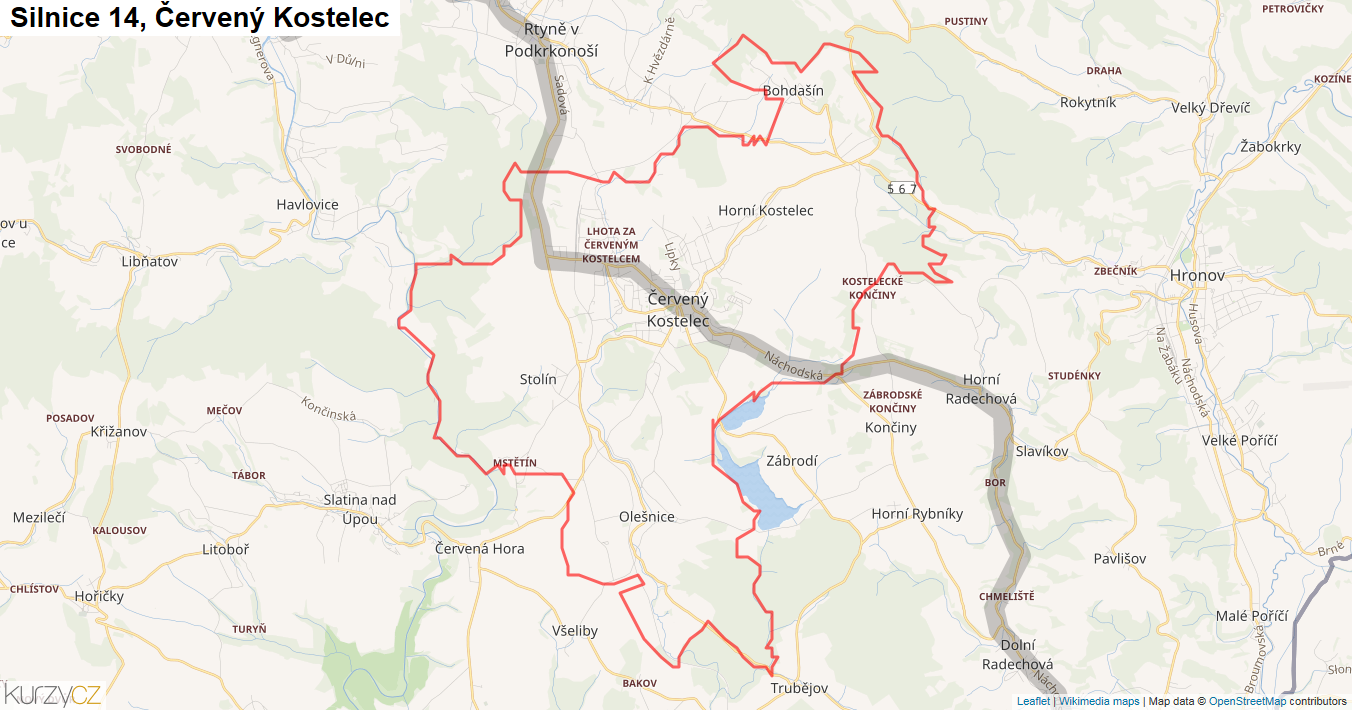 Červený Kostelec, Silnice 14 - Mapa