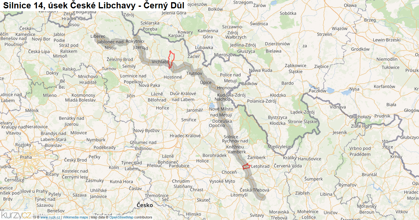 Úsek České Libchavy - Černý Důl, Silnice 14 - Mapa