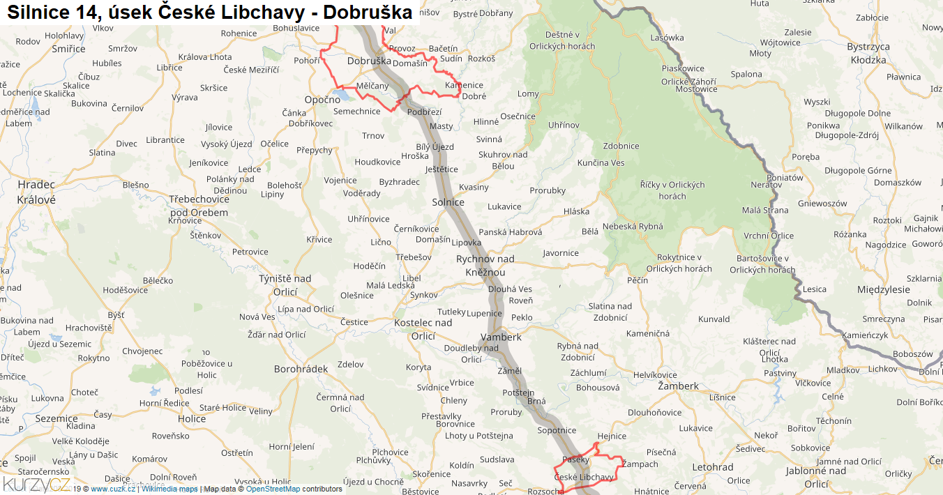 Úsek České Libchavy - Dobruška, Silnice 14 - Mapa