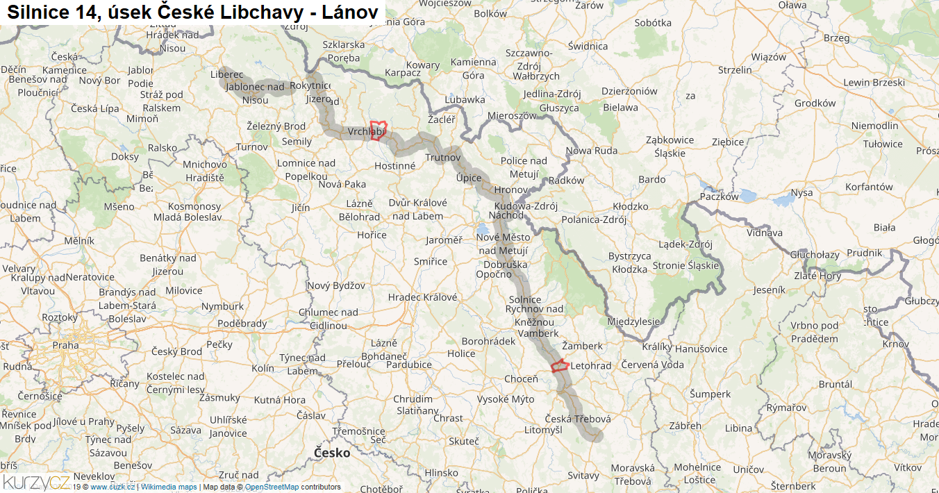 Úsek České Libchavy - Lánov, Silnice 14 - Mapa