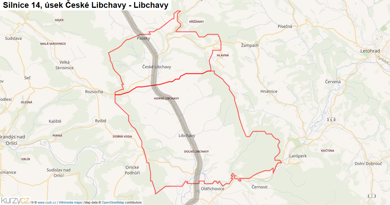 Úsek České Libchavy - Libchavy, Silnice 14 - Mapa