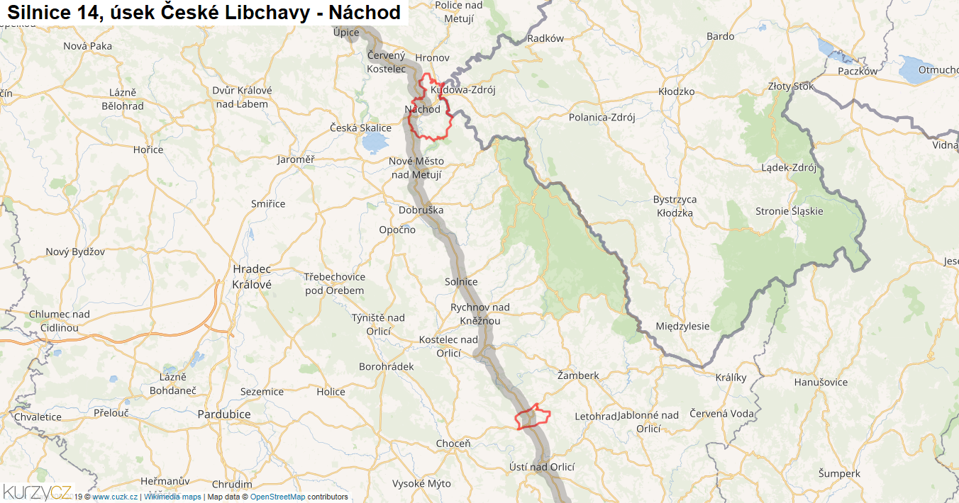 Úsek České Libchavy - Náchod, Silnice 14 - Mapa