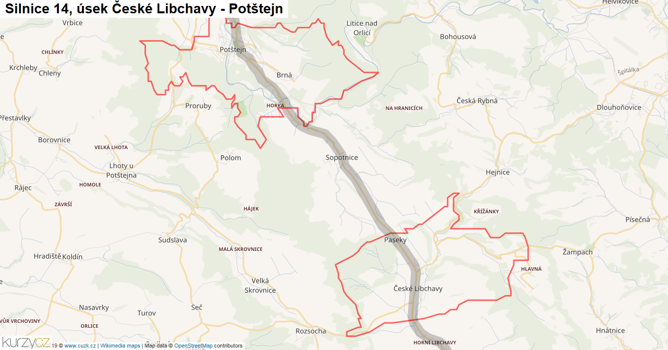 Úsek České Libchavy - Potštejn, Silnice 14 - Mapa