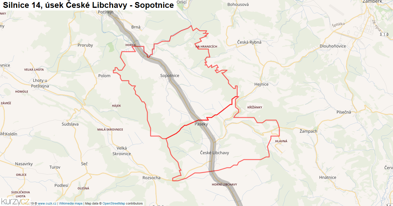 Úsek České Libchavy - Sopotnice, Silnice 14 - Mapa
