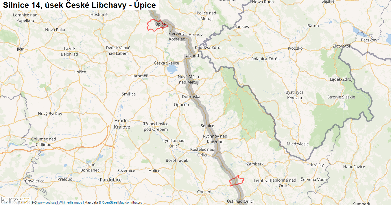 Úsek České Libchavy - Úpice, Silnice 14 - Mapa