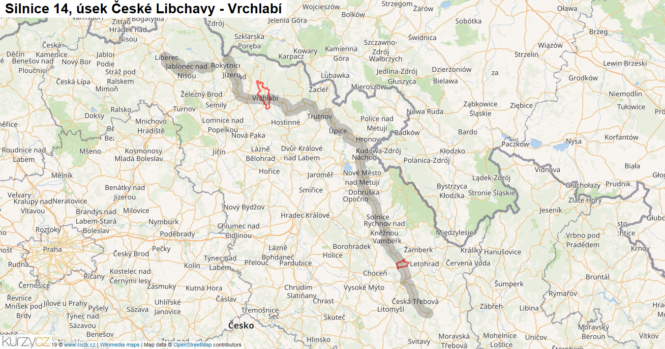 Úsek České Libchavy - Vrchlabí, Silnice 14 - Mapa