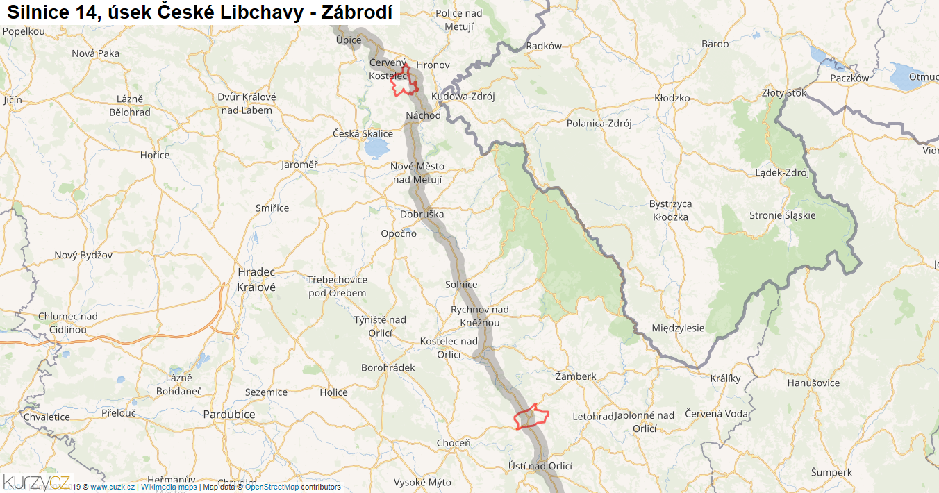 Úsek České Libchavy - Zábrodí, Silnice 14 - Mapa