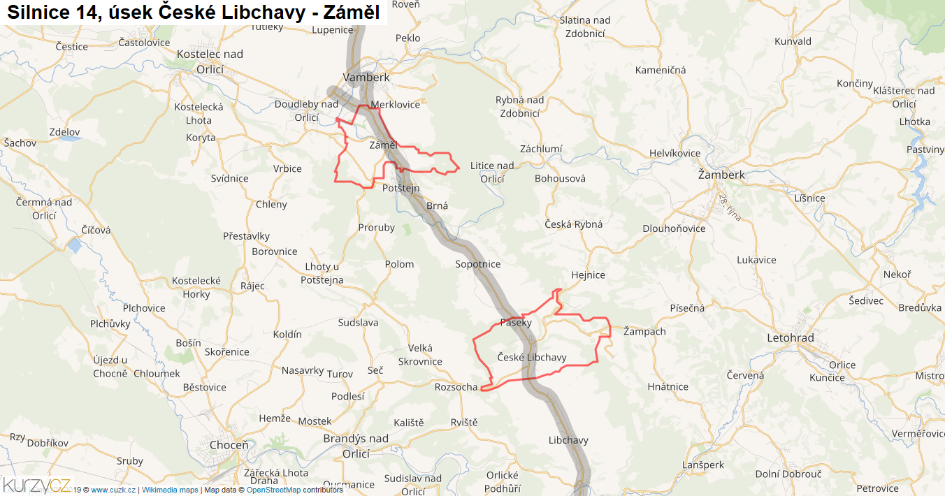 Úsek České Libchavy - Záměl, Silnice 14 - Mapa