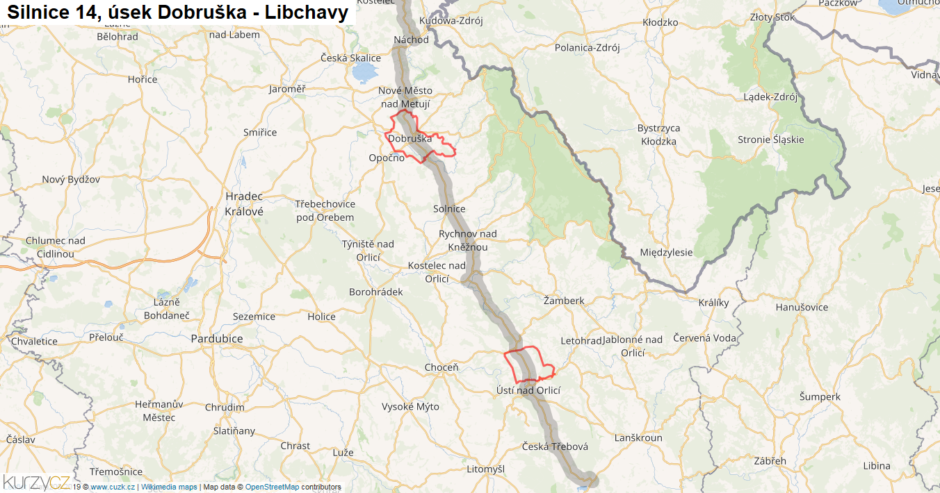 Úsek Dobruška - Libchavy, Silnice 14 - Mapa