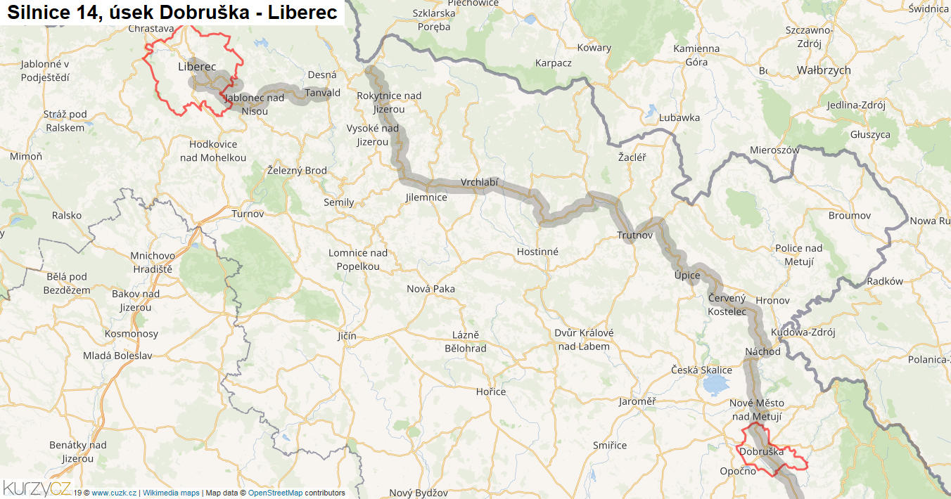 Úsek Dobruška - Liberec, Silnice 14 - Mapa