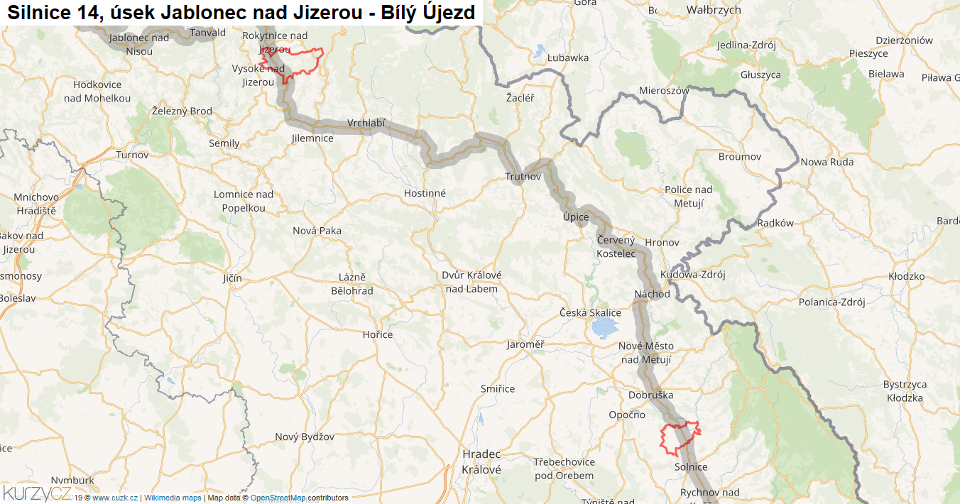 Úsek Jablonec nad Jizerou - Bílý Újezd, Silnice 14 - Mapa