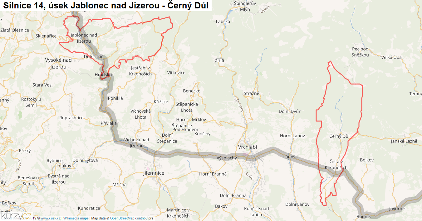 Úsek Jablonec nad Jizerou - Černý Důl, Silnice 14 - Mapa