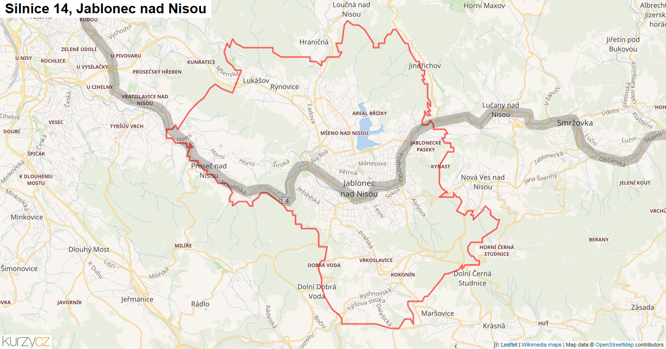 Jablonec nad Nisou, Silnice 14 - Mapa
