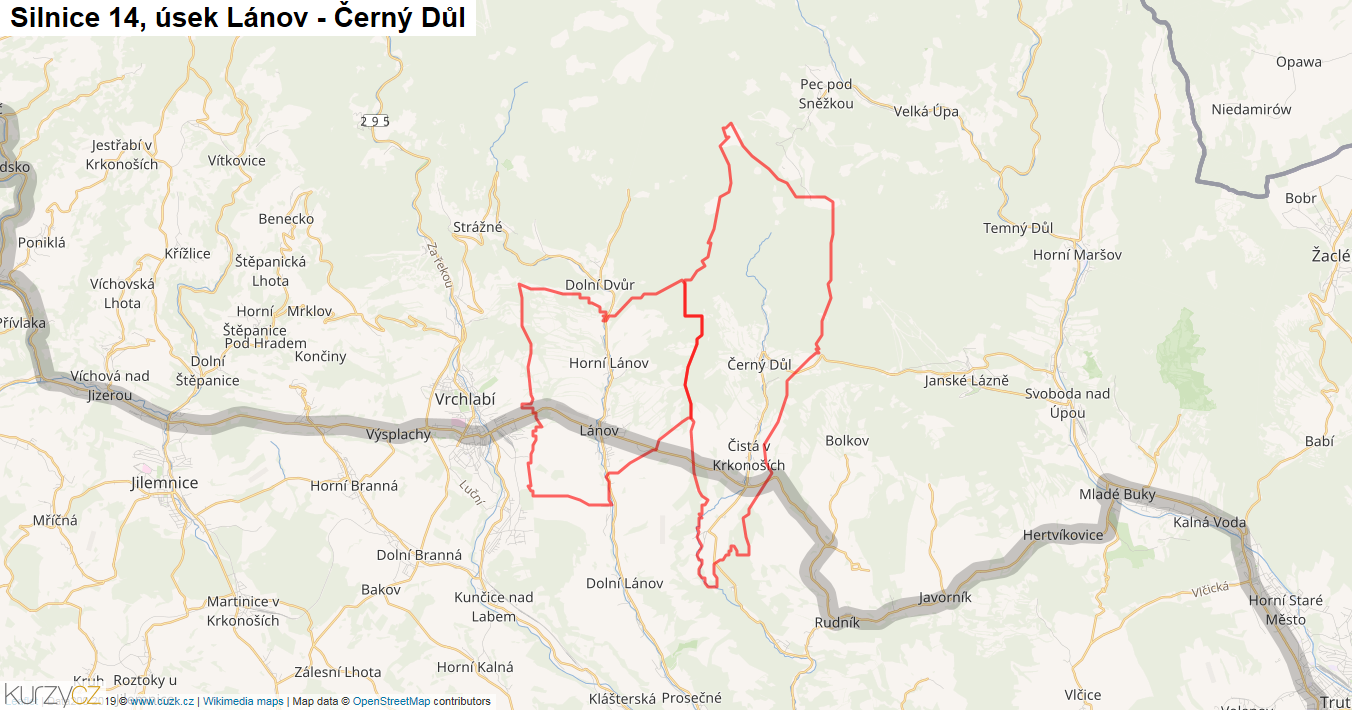 Úsek Lánov - Černý Důl, Silnice 14 - Mapa
