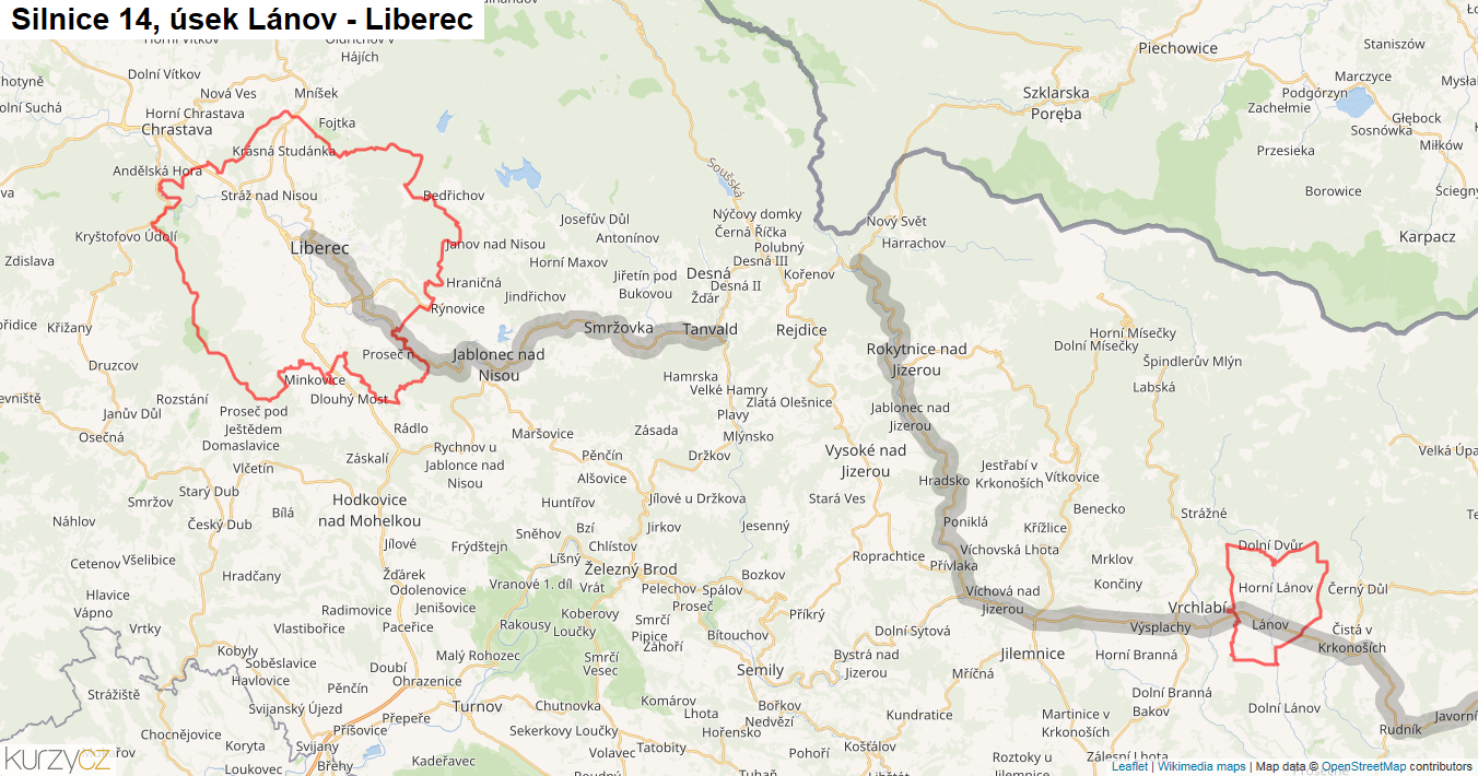 Úsek Lánov - Liberec, Silnice 14 - Mapa