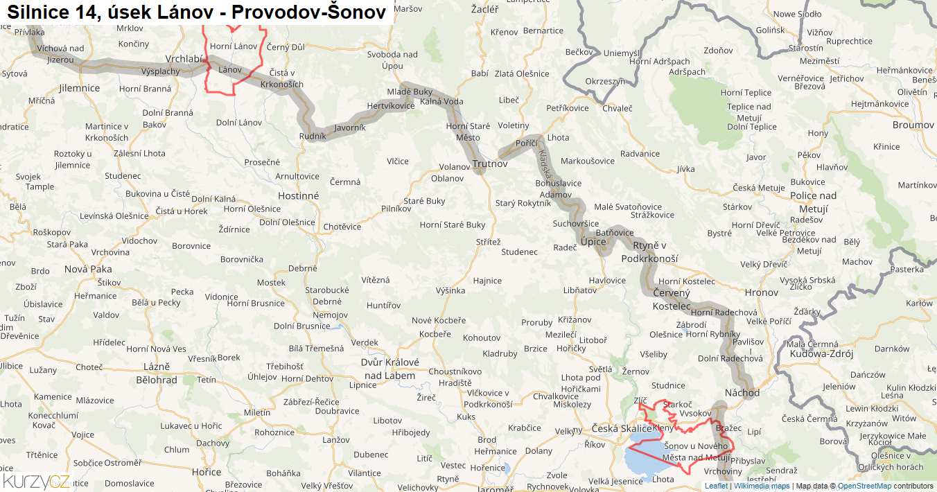 Úsek Lánov - Provodov-Šonov, Silnice 14 - Mapa