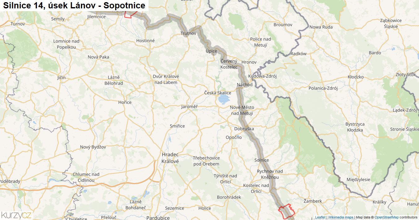 Úsek Lánov - Sopotnice, Silnice 14 - Mapa