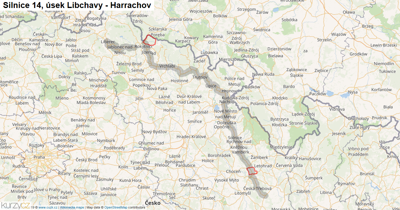 Úsek Libchavy - Harrachov, Silnice 14 - Mapa