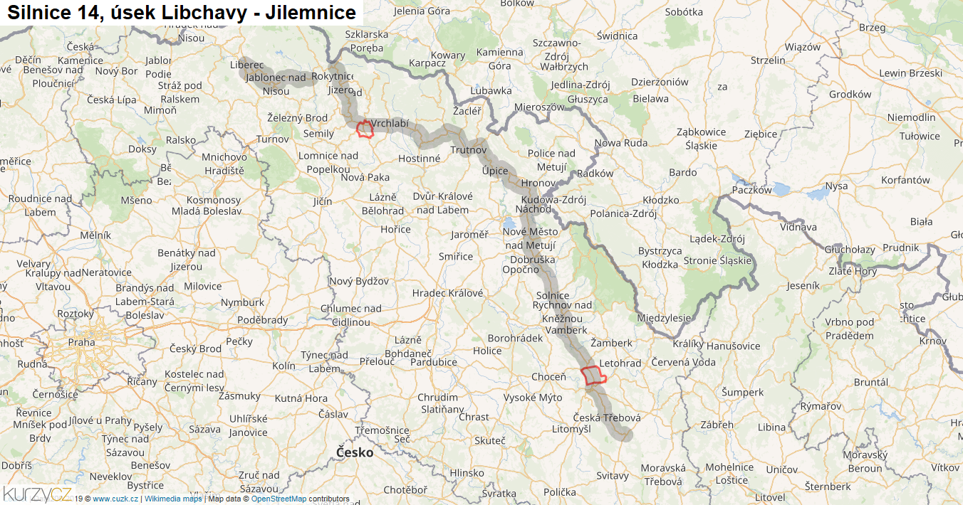Úsek Libchavy - Jilemnice, Silnice 14 - Mapa
