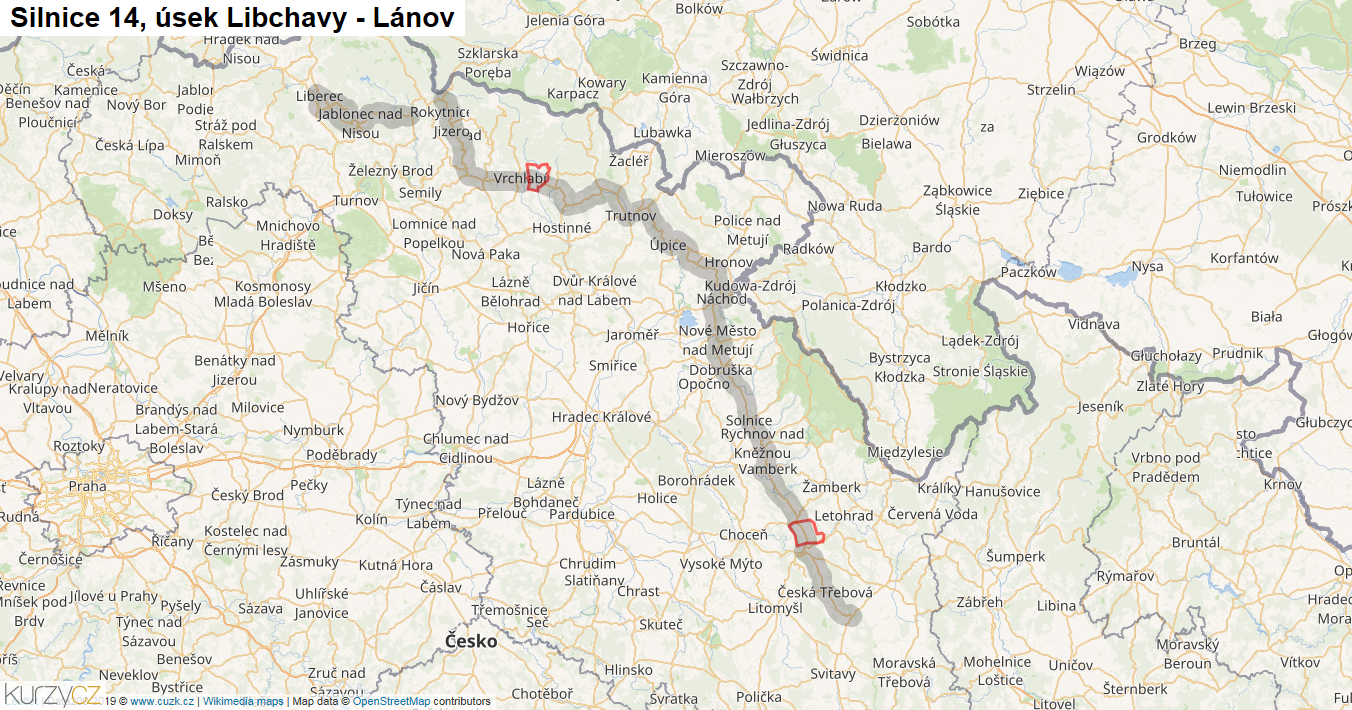Úsek Libchavy - Lánov, Silnice 14 - Mapa