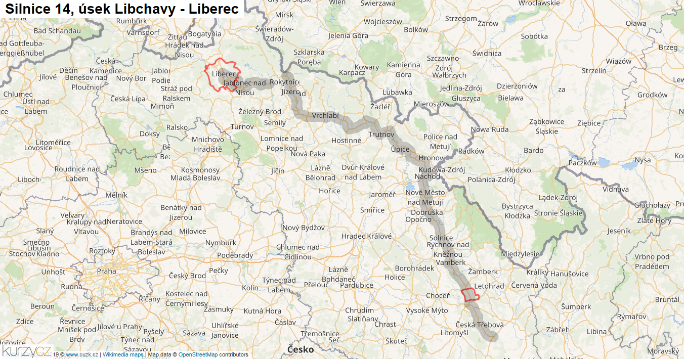 Úsek Libchavy - Liberec, Silnice 14 - Mapa
