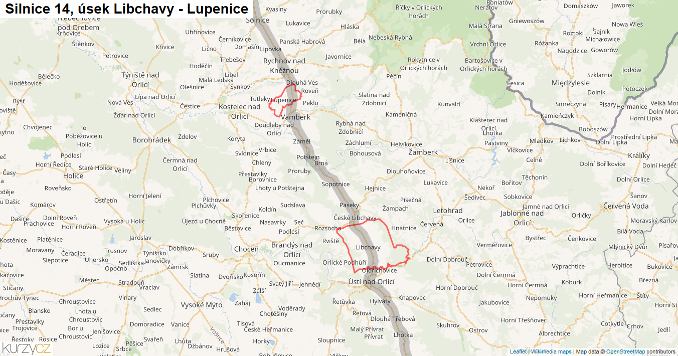 Úsek Libchavy - Lupenice, Silnice 14 - Mapa