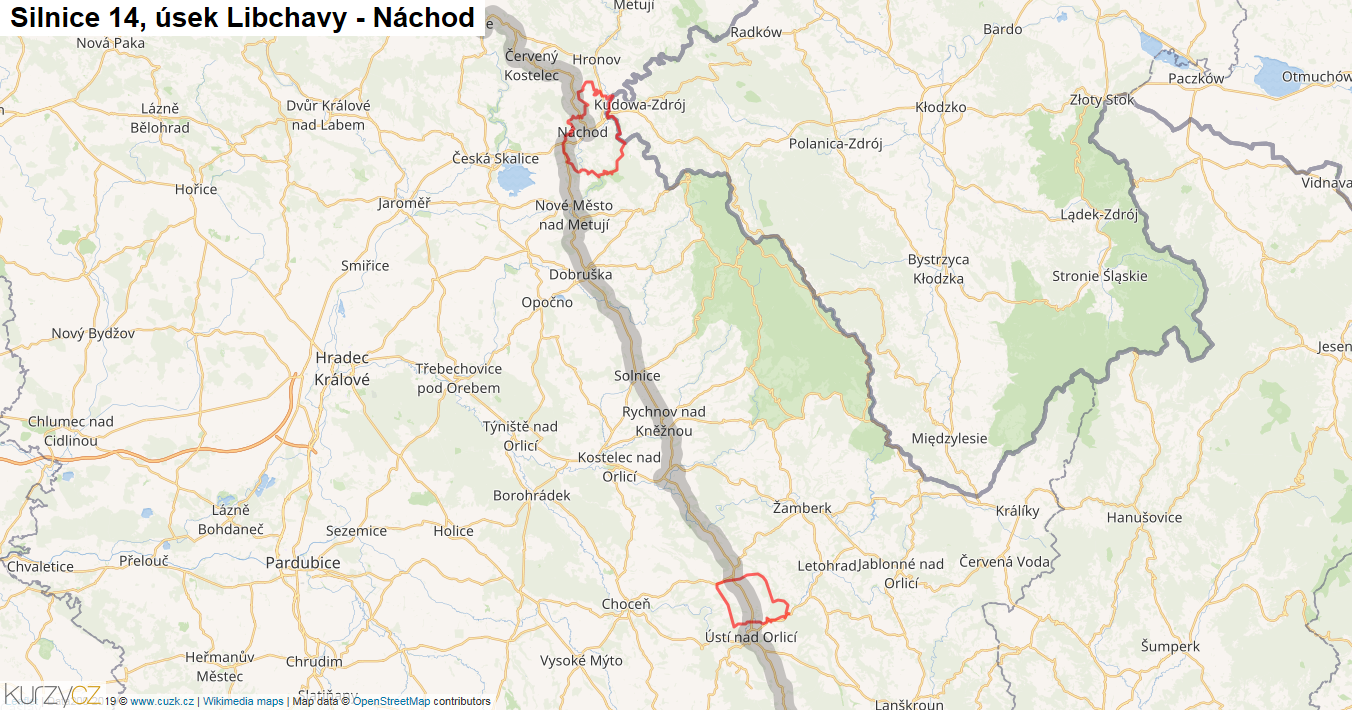 Úsek Libchavy - Náchod, Silnice 14 - Mapa