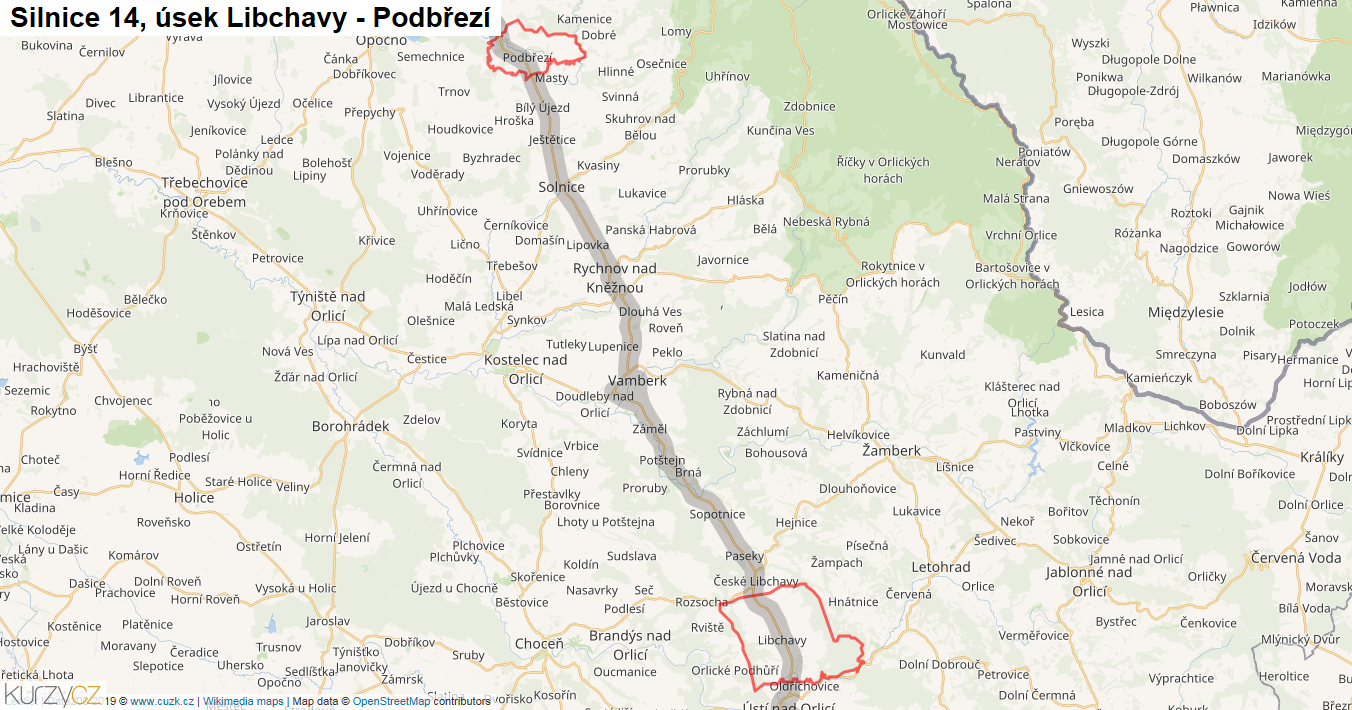 Úsek Libchavy - Podbřezí, Silnice 14 - Mapa
