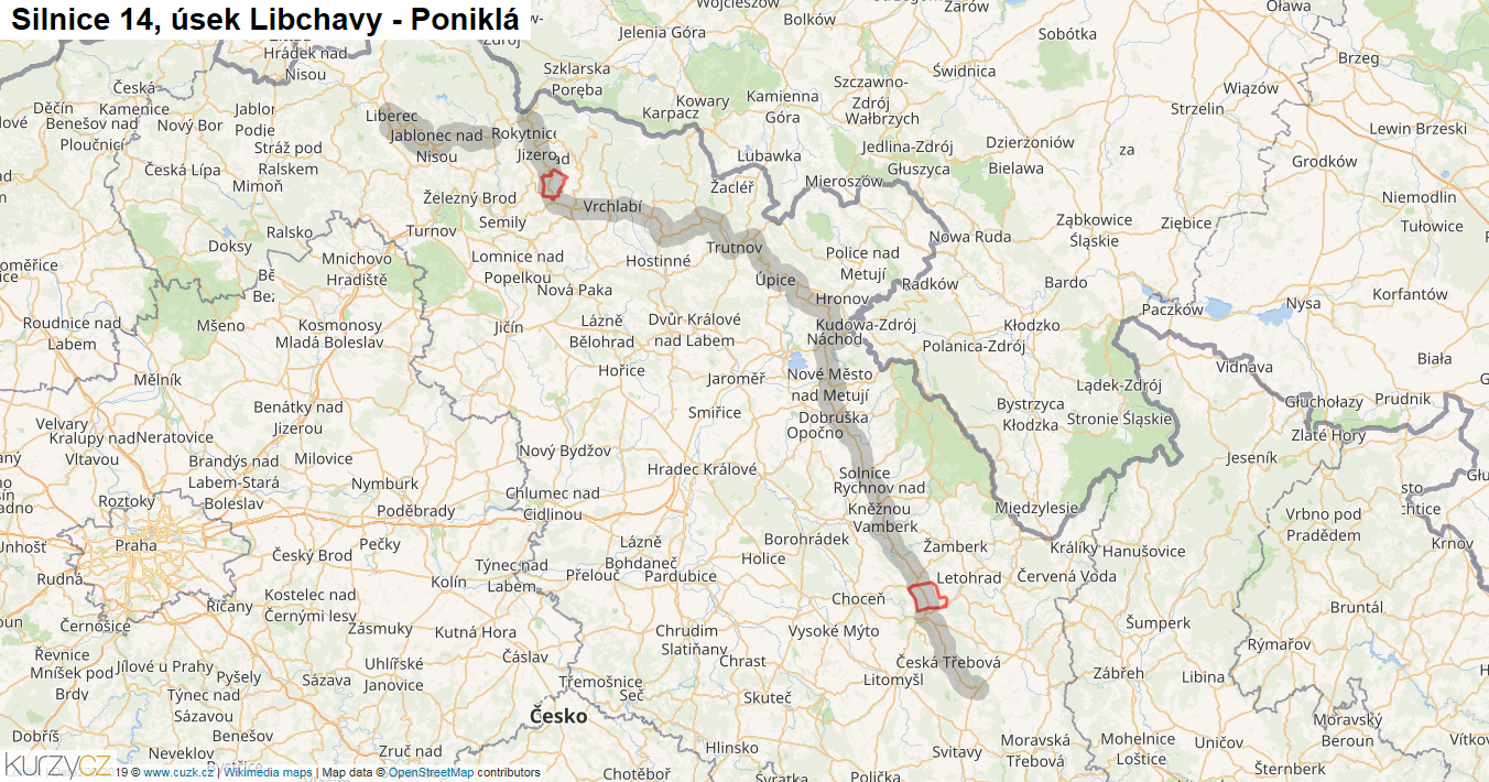 Úsek Libchavy - Poniklá, Silnice 14 - Mapa