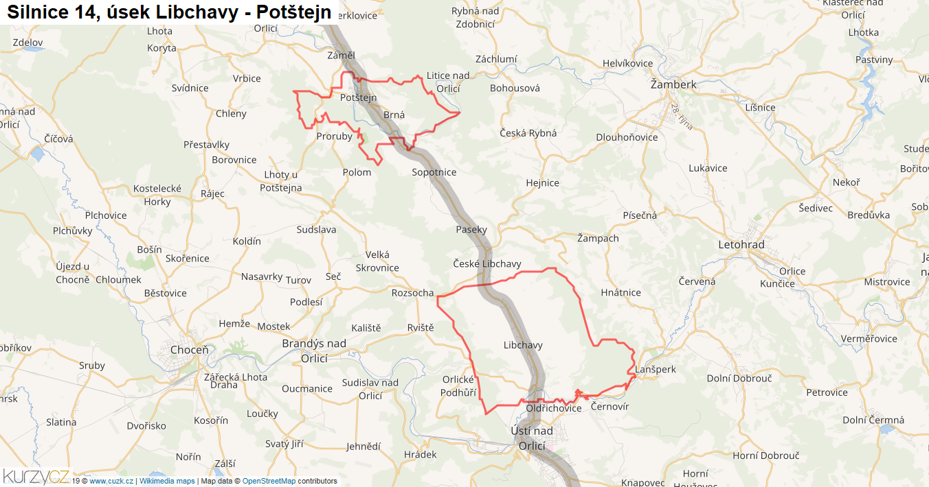 Úsek Libchavy - Potštejn, Silnice 14 - Mapa
