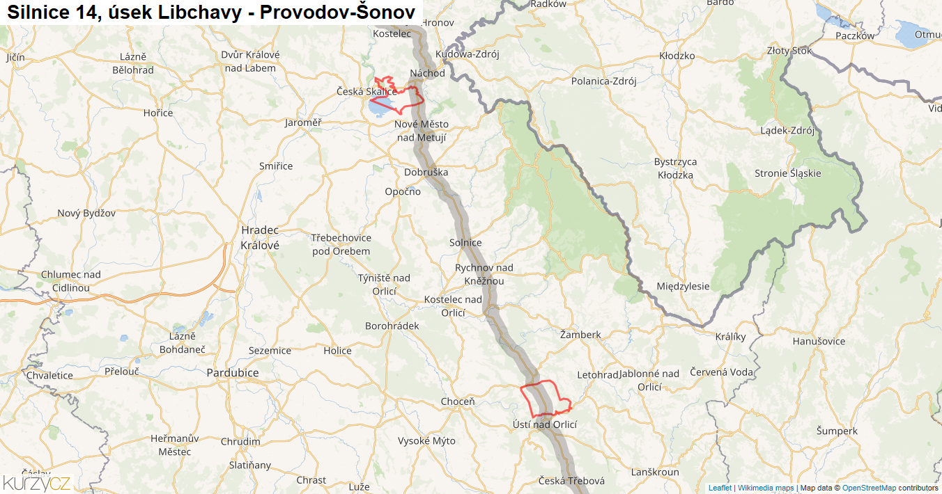 Úsek Libchavy - Provodov-Šonov, Silnice 14 - Mapa