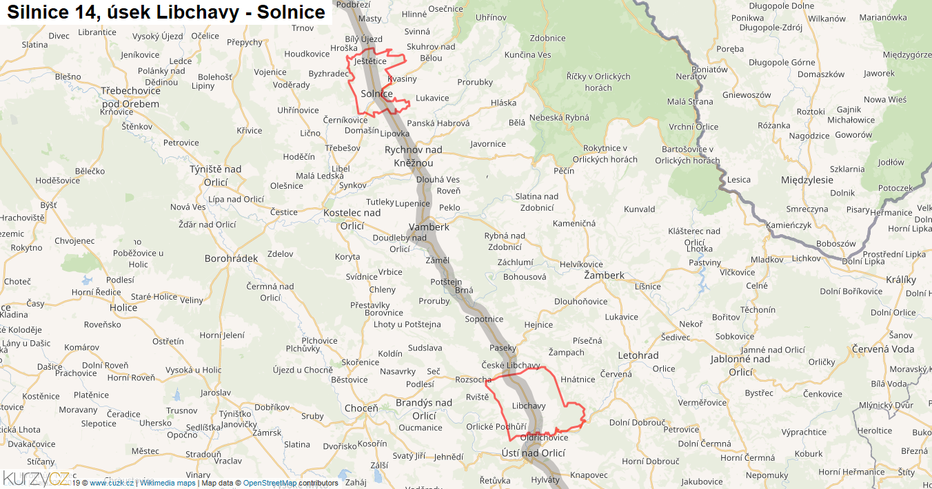 Úsek Libchavy - Solnice, Silnice 14 - Mapa