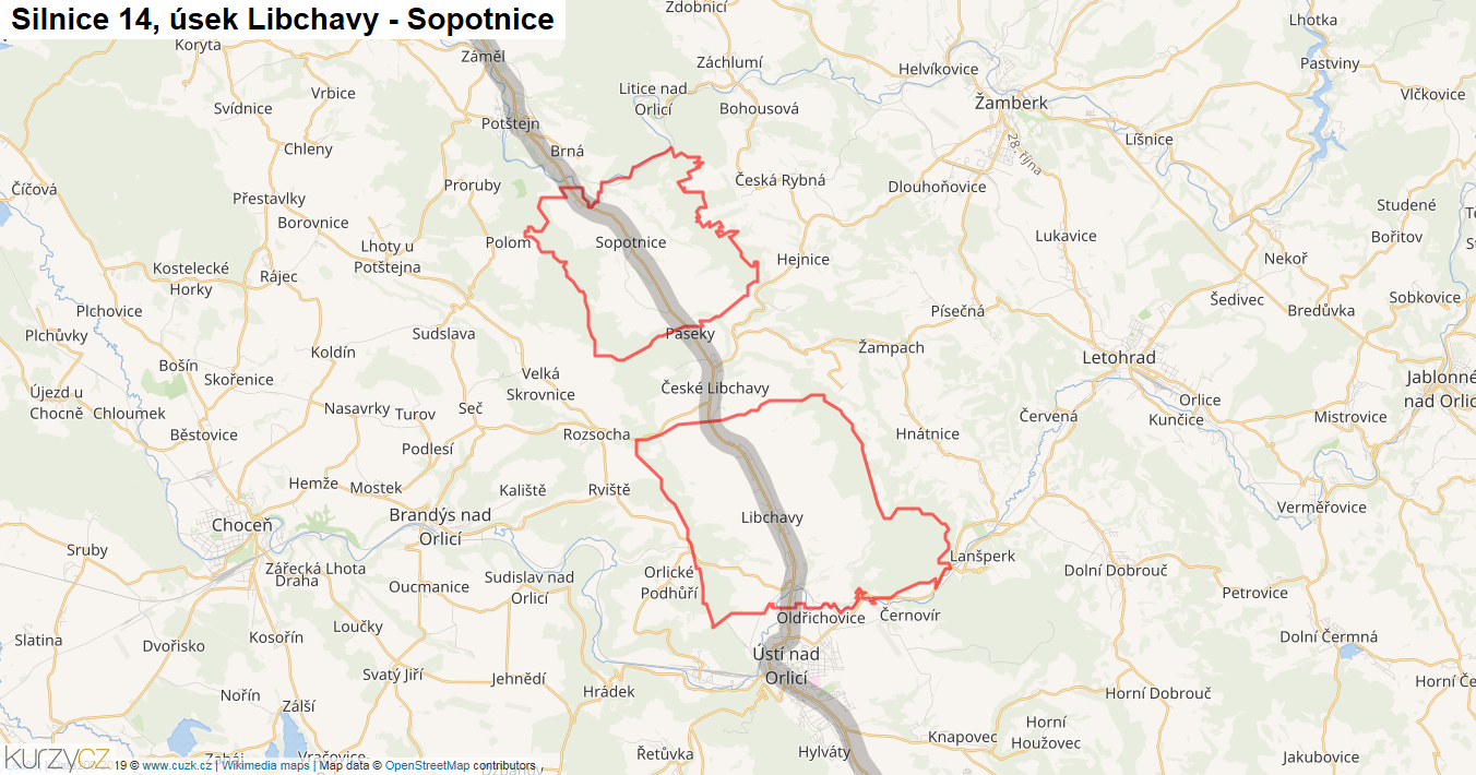 Úsek Libchavy - Sopotnice, Silnice 14 - Mapa
