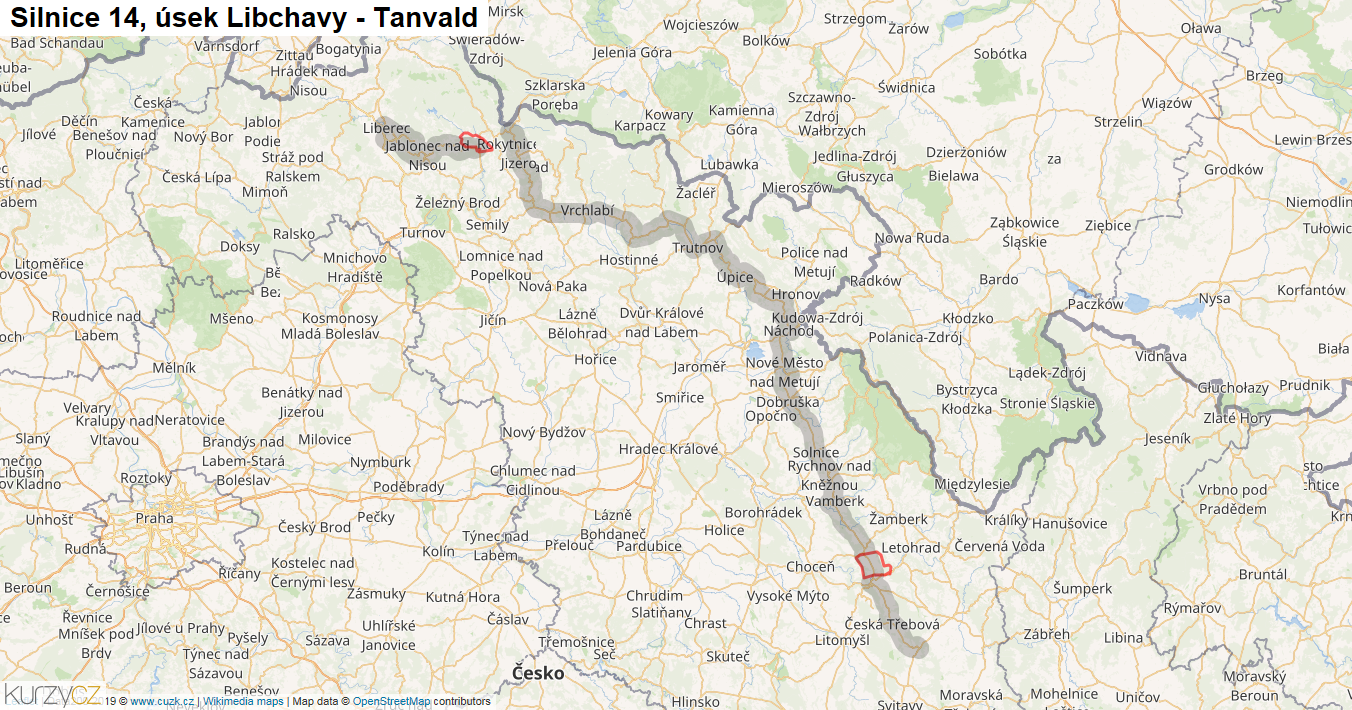 Úsek Libchavy - Tanvald, Silnice 14 - Mapa
