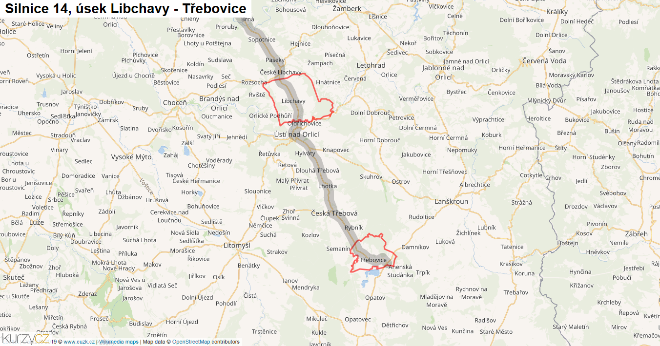 Úsek Libchavy - Třebovice, Silnice 14 - Mapa