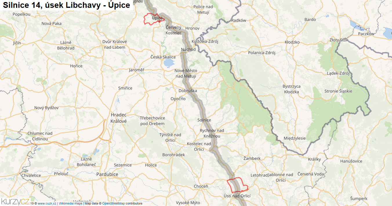 Úsek Libchavy - Úpice, Silnice 14 - Mapa