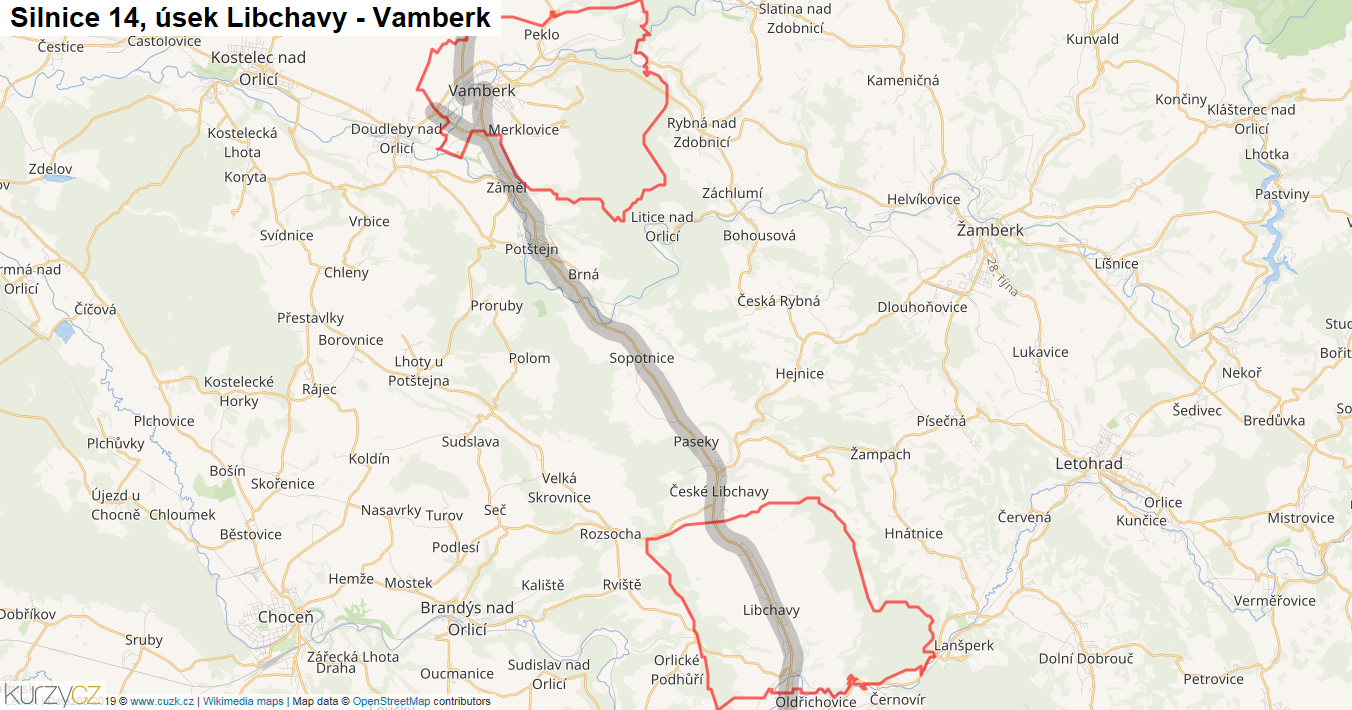 Úsek Libchavy - Vamberk, Silnice 14 - Mapa
