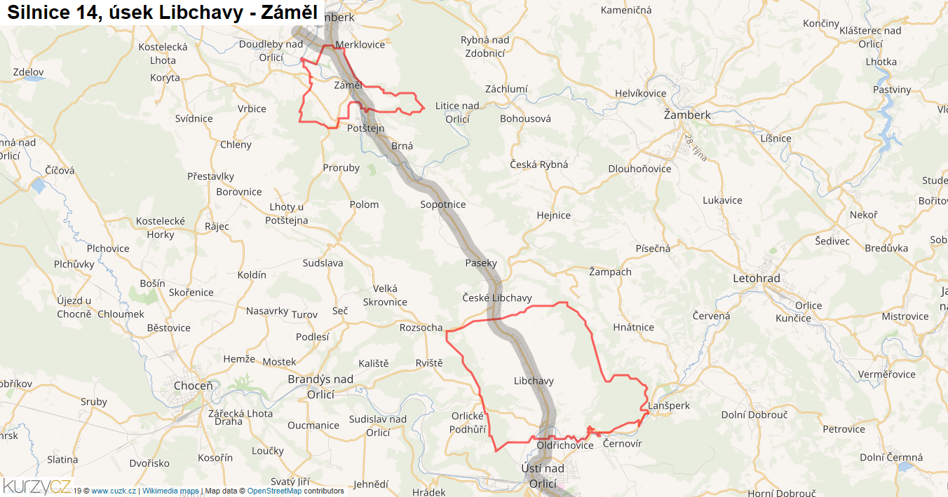 Úsek Libchavy - Záměl, Silnice 14 - Mapa